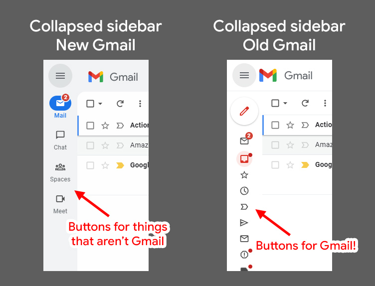 Mesmo se você apertar o botão do hambúrguer, o novo Gmail ainda mostrará a barra de aplicativos.  O layout antigo, mesmo quando recolhido, ainda exibirá um ícone para cada seção do Gmail.
