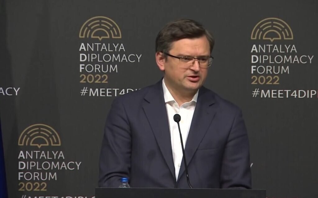Ukrainian Foreign Minister Dmytro Kuleba speaks to the media after a meeting with Russian Foreign Minister Sergei Lavrov in Antalya, Turkey, March 10, 2022 (video screenshot)