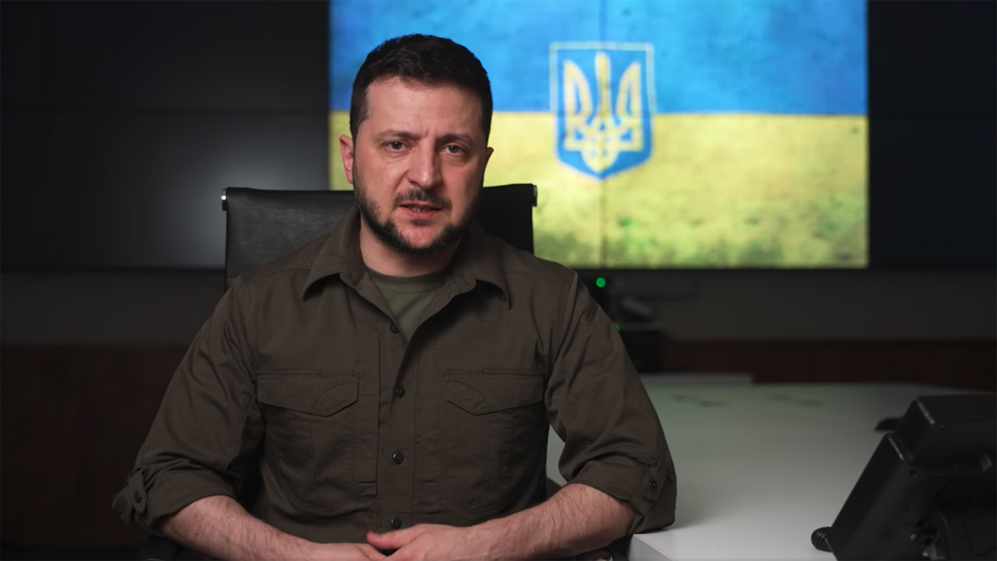 Ukrainian President Volodymyr Zelensky speaks during a video broadcast on Friday.