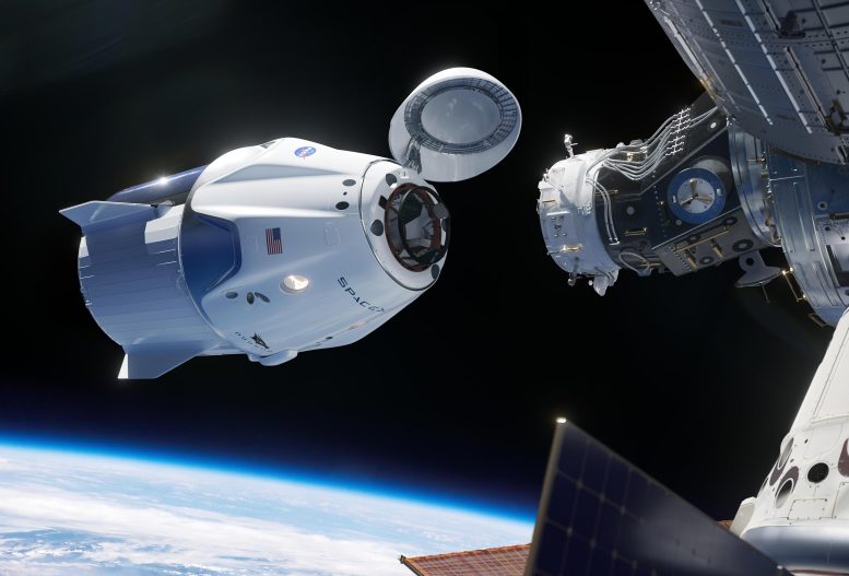Espaçonave SpaceX Crew Dragon se aproxima da Estação Espacial Internacional