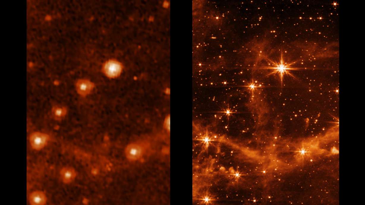 This combination of images provided by NASA on Monday shows part of the Large Magellanic Cloud, a small satellite galaxy of the Milky Way, seen by the retired Spitzer Space Telescope, left, and the new James Webb Space Telescope. 