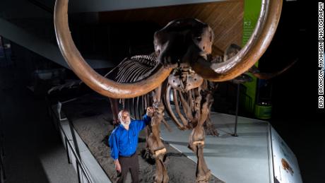 O paleontólogo da Universidade de Michigan, Daniel Fisher, posa com um esqueleto composto de um mastodonte Buesching.