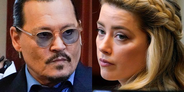 Este conjunto de fotos mostra Johnny Depp, à esquerda, e Amber Heard no tribunal de alegações finais no Tribunal do Condado de Fairfax em 27 de maio de 2022. 