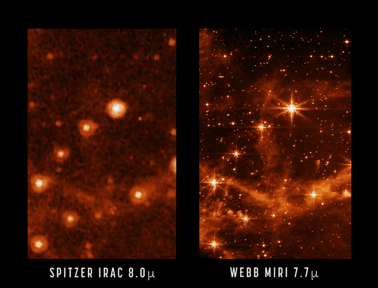 Duas imagens mostram uma teia emaranhada de estrelas e poeira, mas a imagem à direita é muito mais clara.