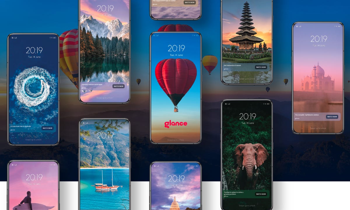 Captura de tela do site Glance mostrando telas de bloqueio em vários telefones