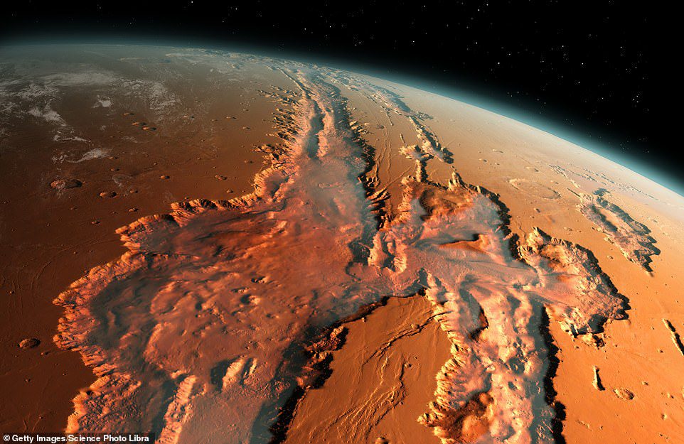 Acima está uma ilustração de uma visão inclinada do sistema gigante Valles Marineris Valley em Marte.  Os cânions foram formados por uma combinação de falhas geológicas, deslizamentos de terra, erosão eólica e antigos fluxos de água