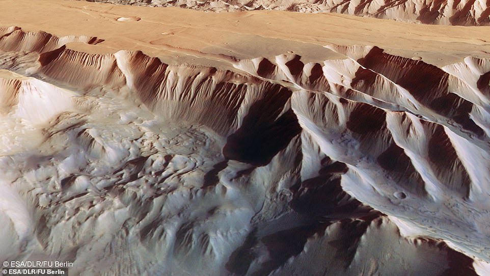 Esta visão em perspectiva distorcida de Tithonium Chasma (foto acima), que faz parte da estrutura do vale Valles Marineris de Marte, foi criada a partir do modelo de terreno digital, canais analógicos e coloridos da câmera estéreo de alta resolução no Mars Express da Agência Espacial Européia .