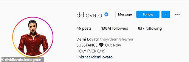 Em sua biografia no Instagram, Demi menciona seus pronomes como 