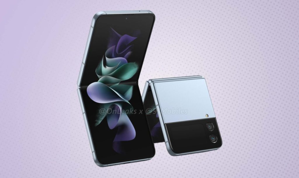 An unofficial render of the Samsung Galaxy Z Flip 4, showing one partially open facing the camera, and the other mostly closed and placed in a tent-like position