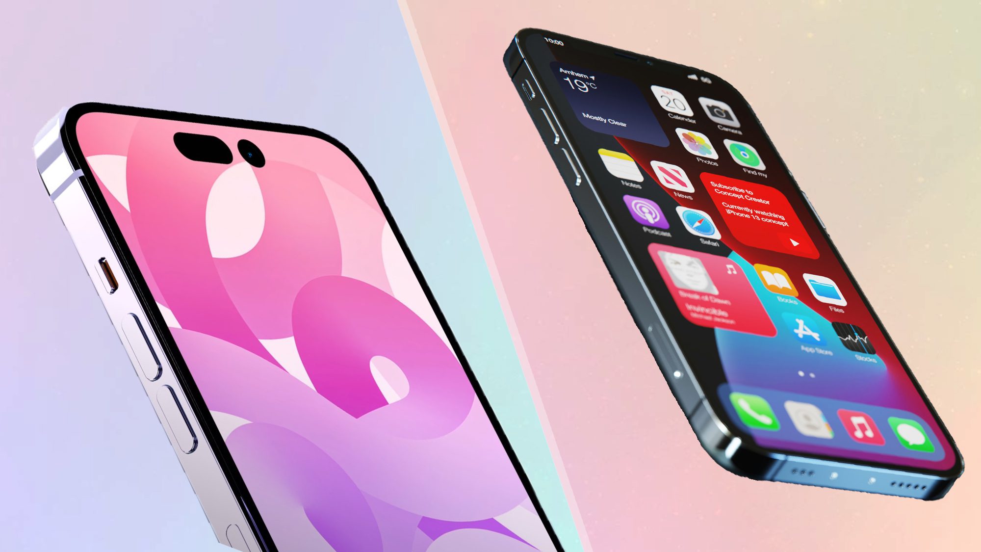 Imagem dividida mostrando o conceito do iPhone 14 Pro e o iPhone sem barreiras