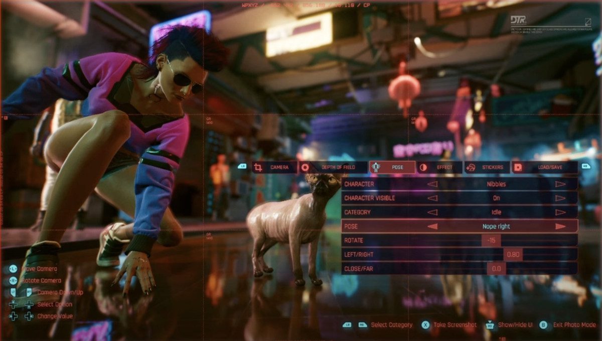Captura de tela do modo de foto do Cyberpunk, com controles para alterar a pose e a posição do gato.