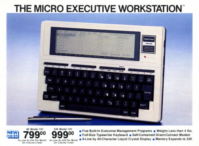Trecho da página do catálogo de computadores Radio Shack de 1983 mostrando o laptop TRS-80 Modelo 100.