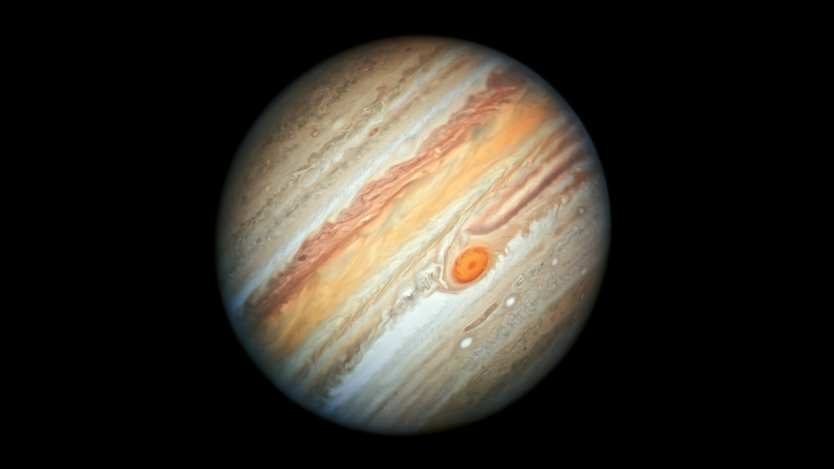 stripey planet with large red spot near center