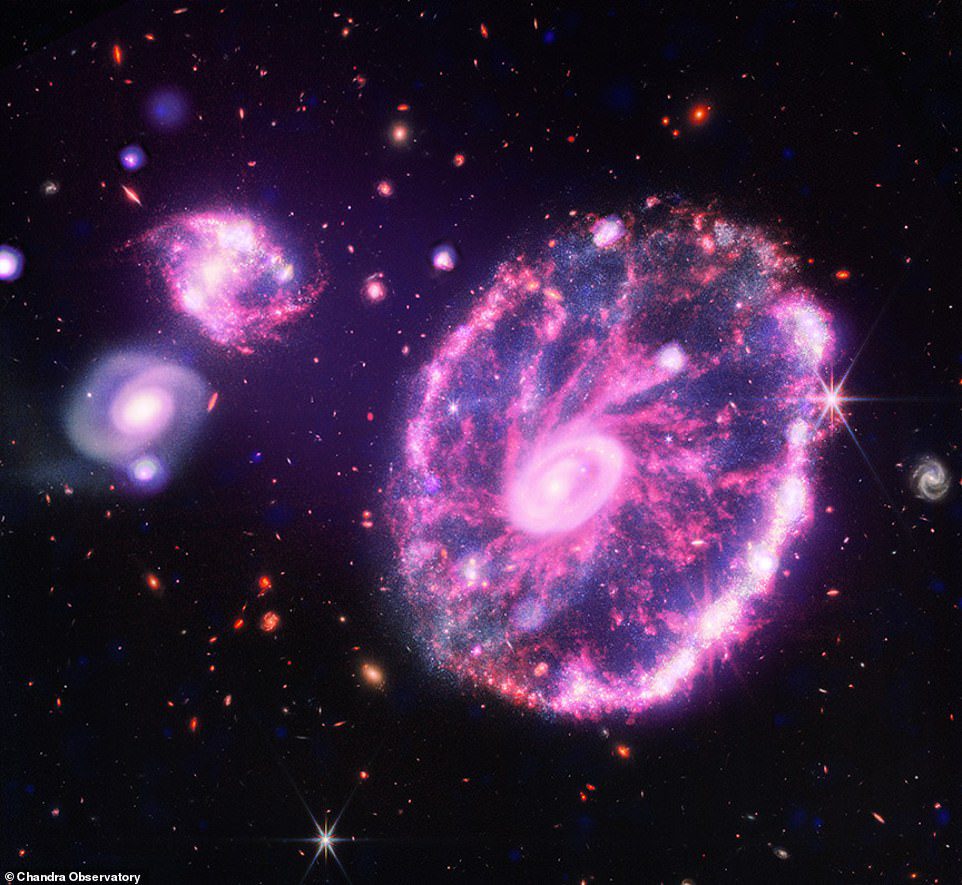 A Galáxia da Roda de Cartwell (acima) obtém sua forma de uma colisão com outra galáxia menor há cerca de 100 milhões de anos.
