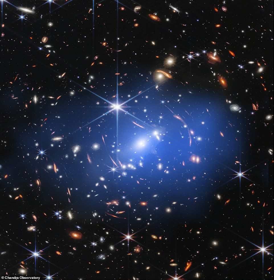 Dados da web mostram o aglomerado de galáxias SMACS J0723, localizado a cerca de 4,2 bilhões de anos-luz de distância, e contendo centenas de galáxias individuais.