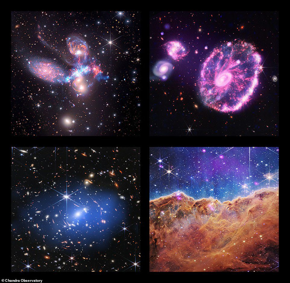 Imagens recém-lançadas representando (no sentido horário, a partir do canto superior esquerdo): Stephens Quintet, a Galáxia Cartwheel, os Penhascos Cósmicos da Nebulosa Carina e SMACS 0723..3-7327