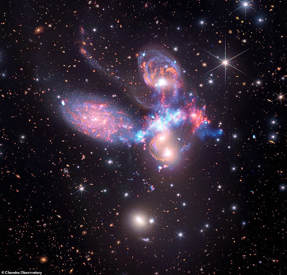 As quatro galáxias dentro do Pentagrama de Stefan (acima) passam por uma dança intrincada projetada pela gravidade
