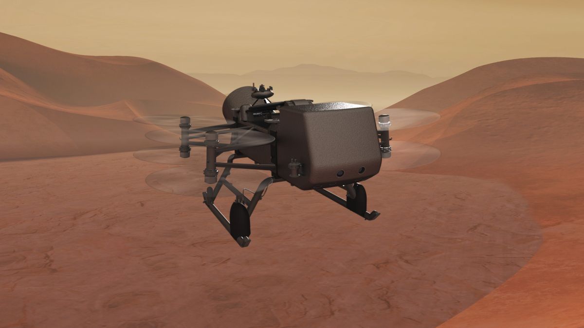 rendering of odd helicopter vehicle against orangeish landscape