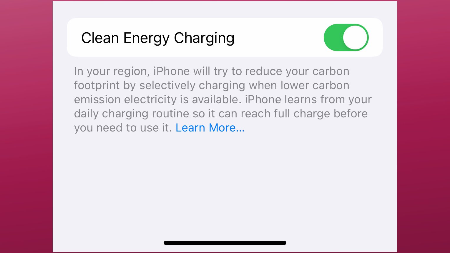 Carregamento de energia limpa no iOS 16.1