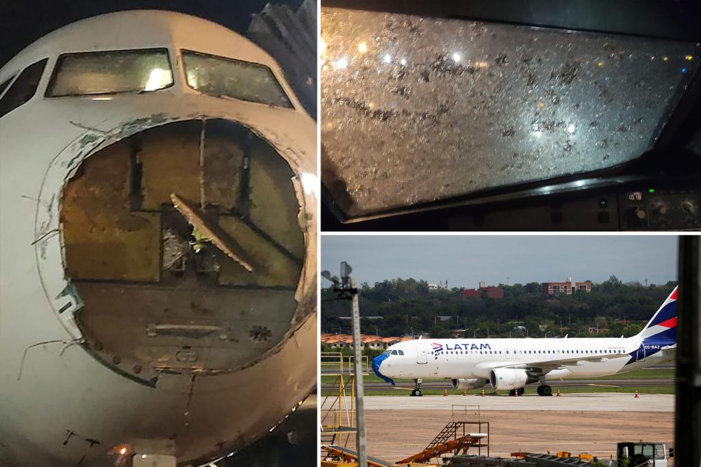 O nariz do avião foi gravemente danificado pela chuva de granizo capturada no vídeo