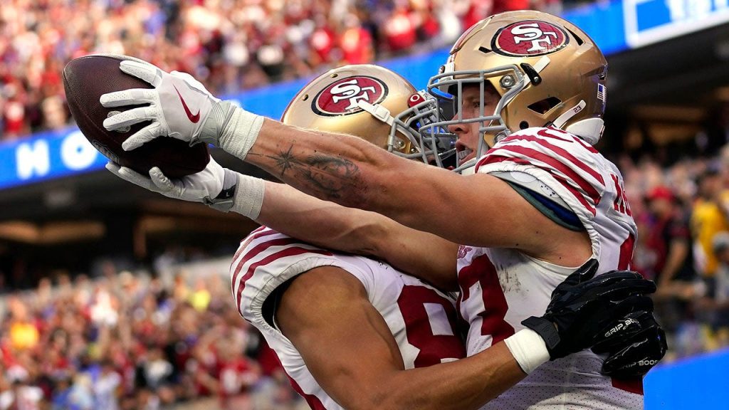 San Francisco 49ers running back Christian McCaffrey, right, celebrates his touchdown with wide receiver Willie Snead IV during the second half against the Los Angeles Rams, Oct. 30, 2022, in Inglewood, California.