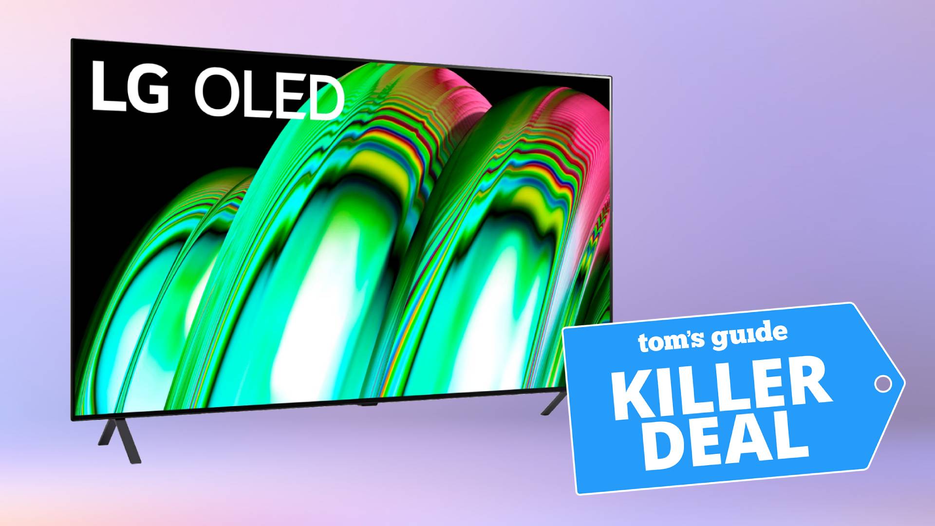 Imagem de TV LG A2 OLED 4K em um fundo roxo
