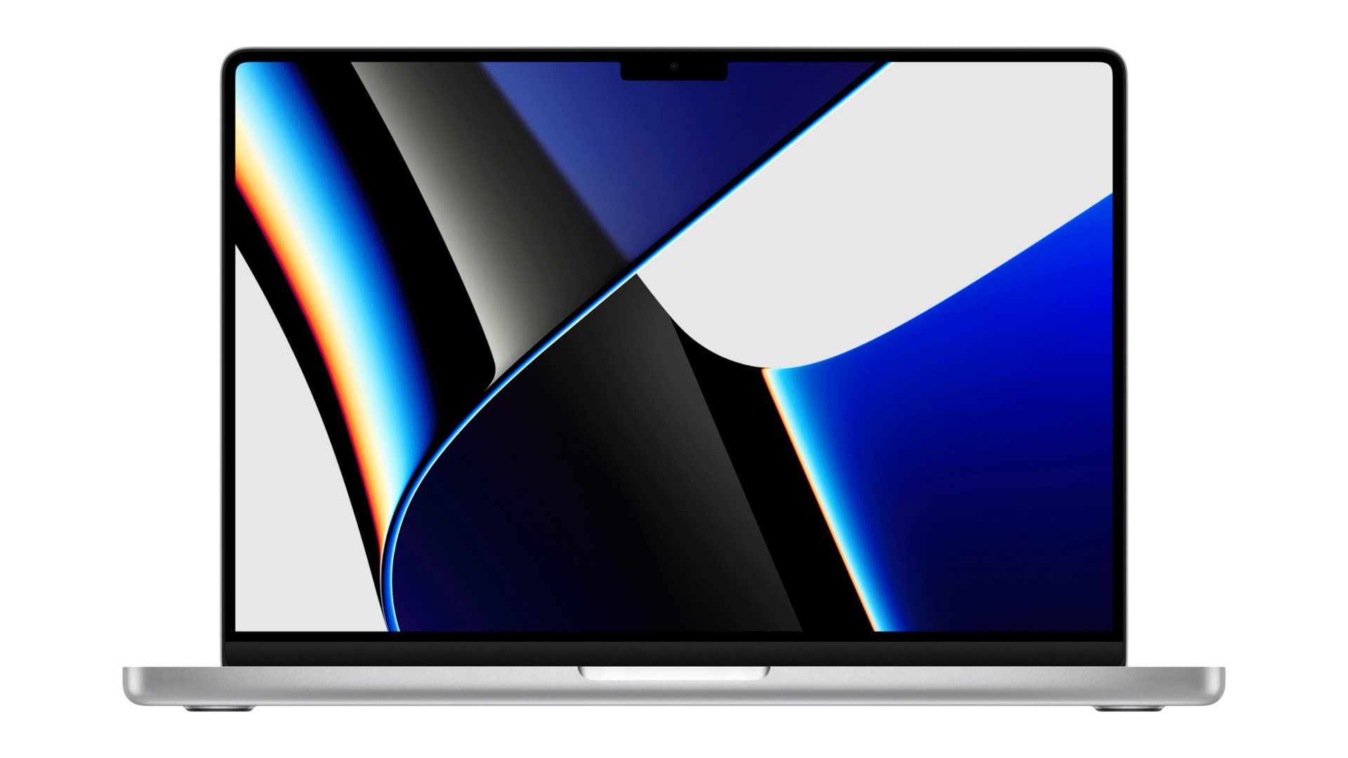 MacBook Pro de 14 polegadas (2021) em um fundo branco, mostrando um fundo azul abstrato da área de trabalho