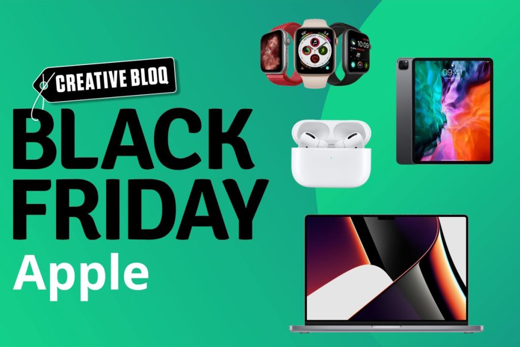 Black Friday promo image featuring iPad, MacBook, AirPods and Apple Watch