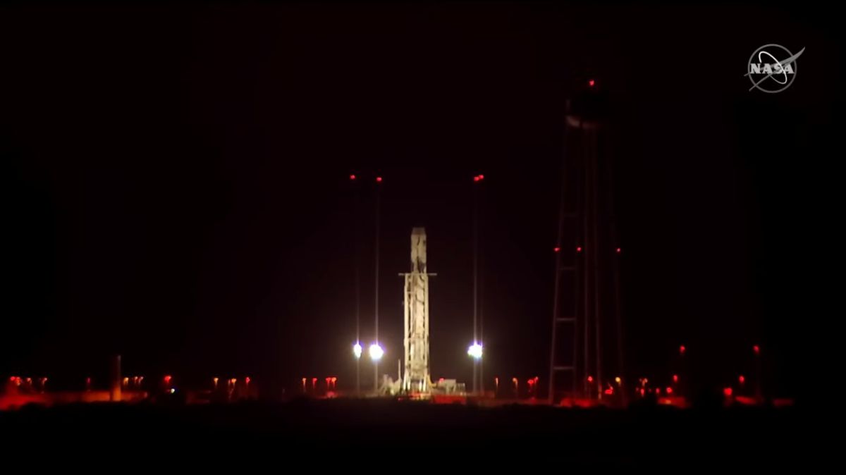 The Northrop Grumman Antares NG-18 rocket on the launch pad at Wallops Flight Facility in Virginia on Nov. 6, 2022.