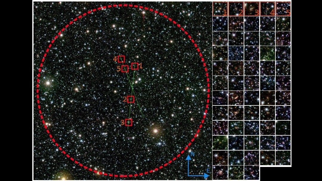 A composite image showing the 58 galaxies clustered together in the 